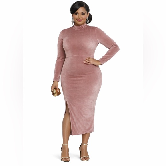 Ashro Dresses & Skirts - ASHRO Velour Stretchy Midi Blush Pink Dress Mock Neck Office Dinner Party Guest